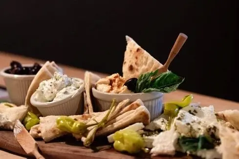 The Mediterranean platter with hummus, tzatziki, feta, olives, pepperoncini and pita wedges